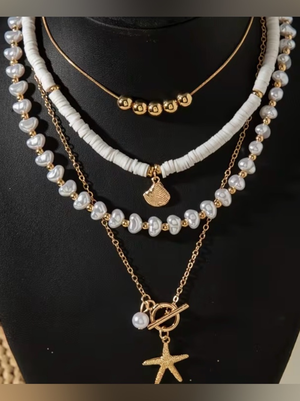 🐚 NEW Gold and White 4 Layered Pearl Shell Starfish Necklace Set 🐚